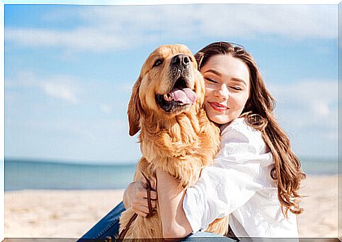 owner hugging dog on the beach