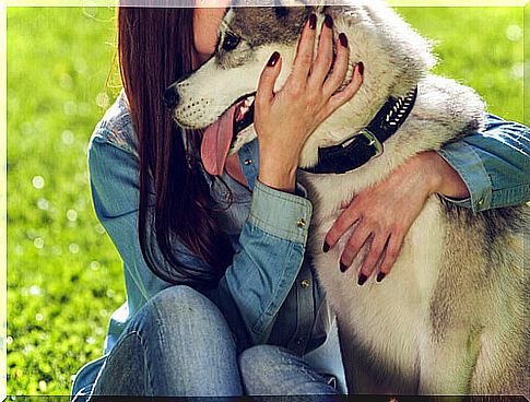 woman hugging dog