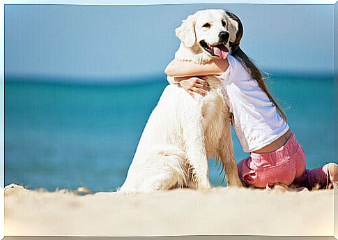 girl hugging dog on the beach